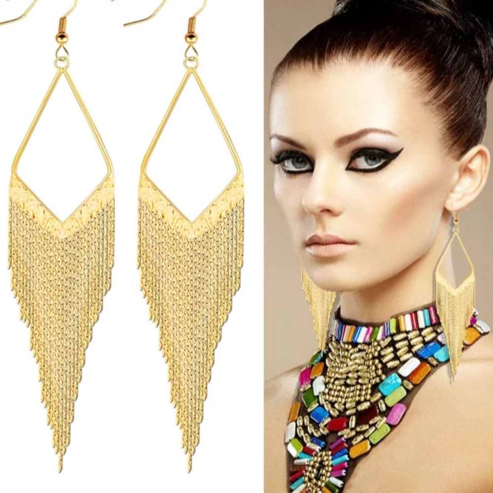 🎀 Rhodium & Gold Plated Long Tassel Earings - Picture 1 of 8